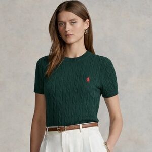 Polo Ralph Lauren Cable Knit Short Sleeve Sweater Forest Green Preppy Small